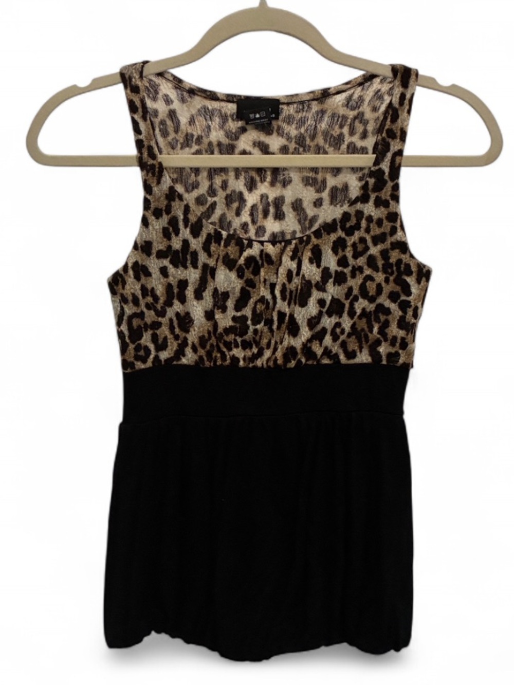 Y2K Rue21 Leopard Print Sleeveless Tank with Black Gathered Hem